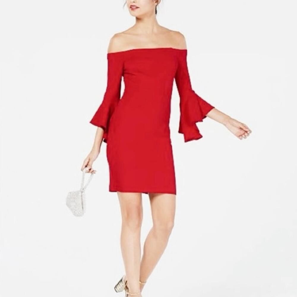 Teeze Me Cherry Red Off-Shoulder Ruffle Mini Sheath Dress Size 1/2